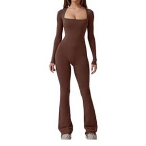 NEW Women's Bodycon Jumpsuit Long Sleeve Square Neck Slim Fit Flared legs